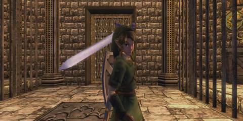 link holding the master sword behind his back