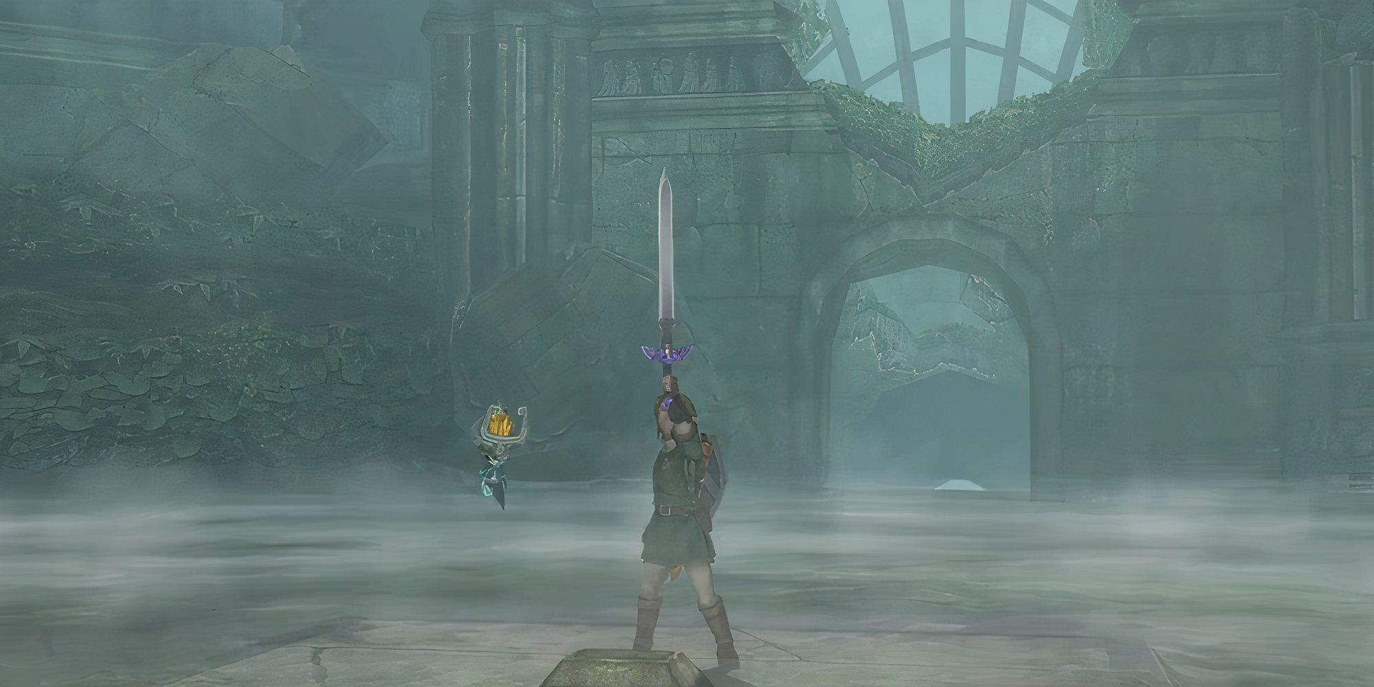 link raising the master sword in the air