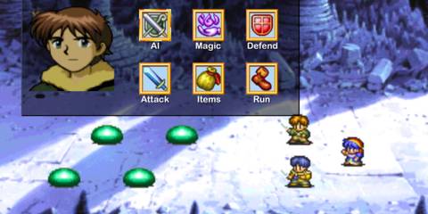 Turn-based combat against slimes in Lunar Silver Star Story Complete, featuring Alex and friends