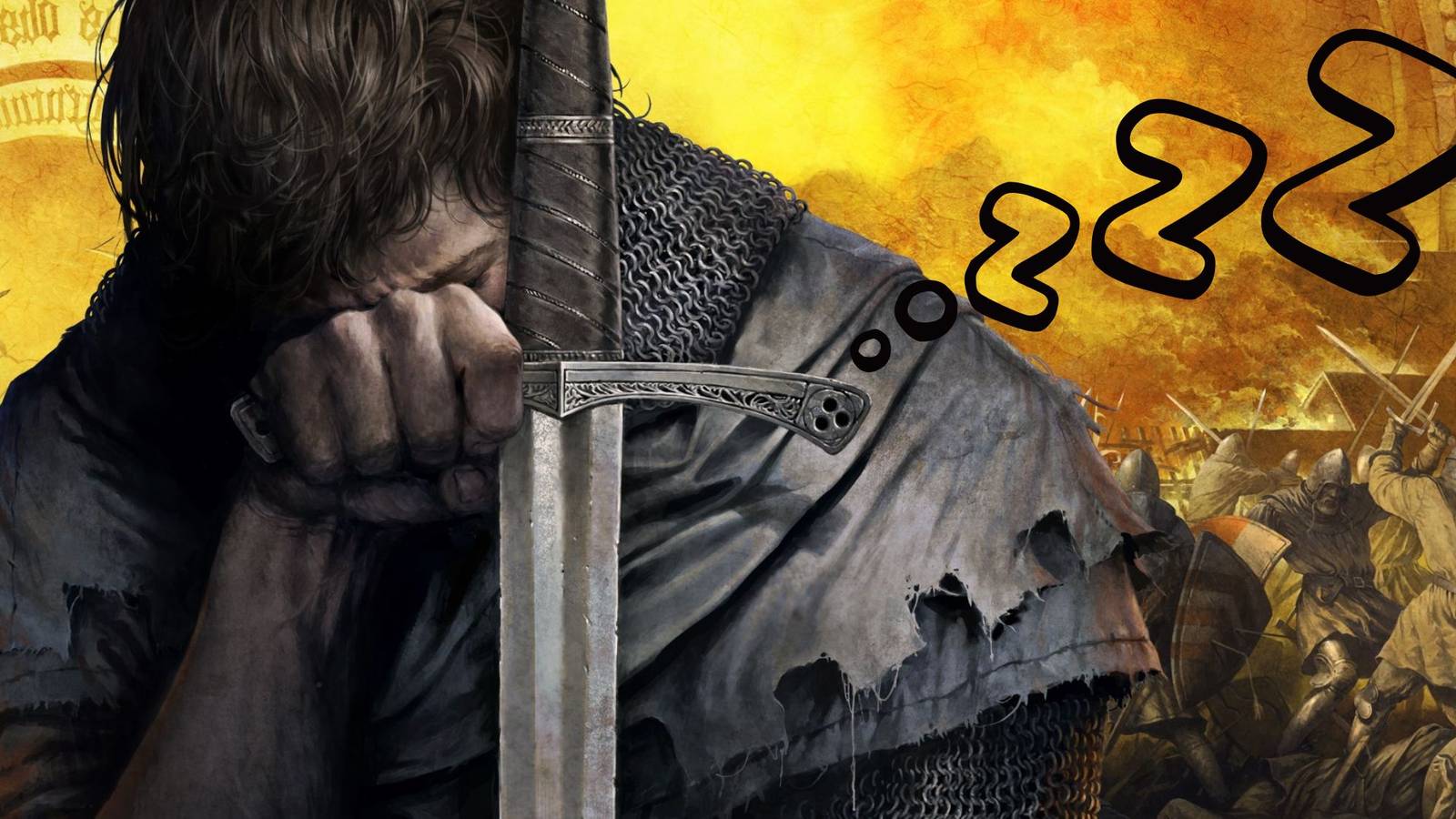 Henry from Kingdom Come: Deliverance with a sleep symbol