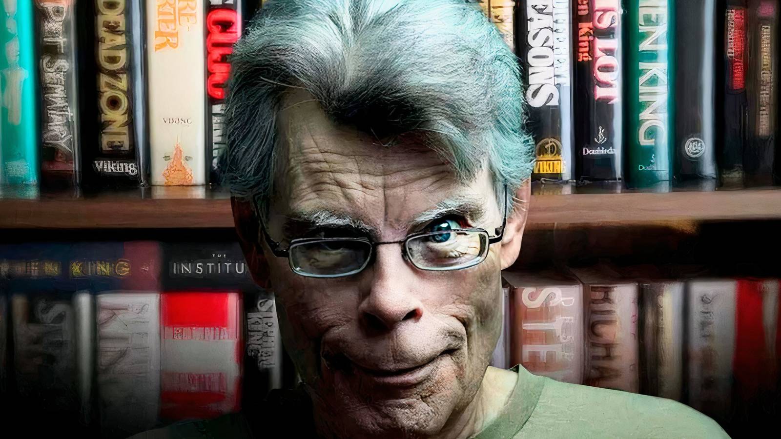 stephen king in front of a library of his books