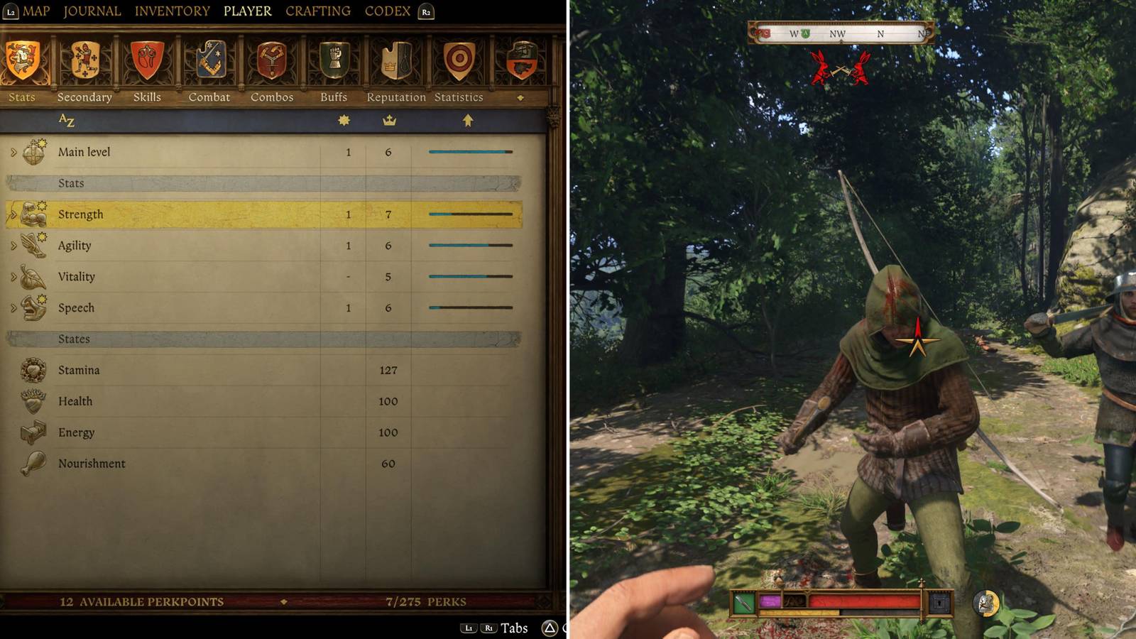 The Main Stats Menu & The Player Fighting A Bandit 