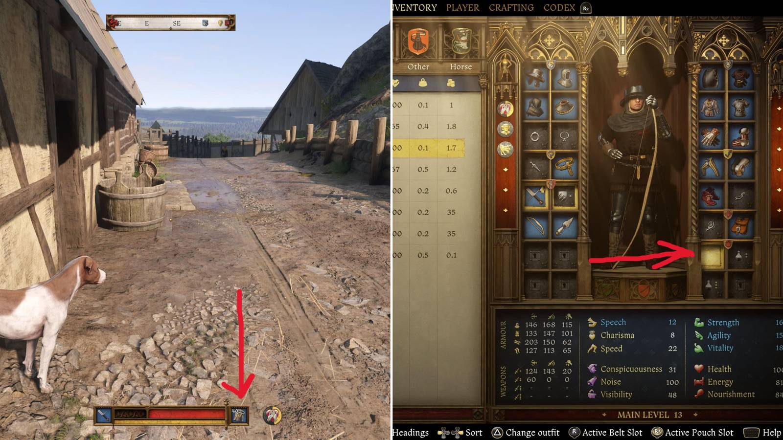 An Arrow Pointing To The Hotbar & The Hotbar Location In The Equipment Menu 