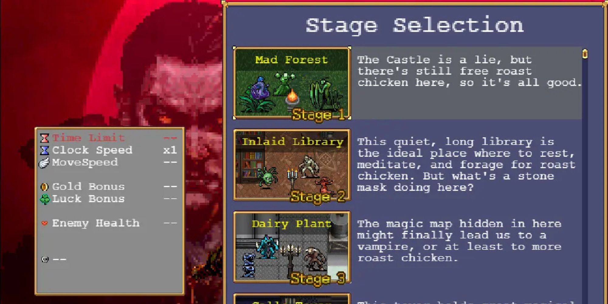 Stage selection in the NG Plus mod for Vampire Survivors 