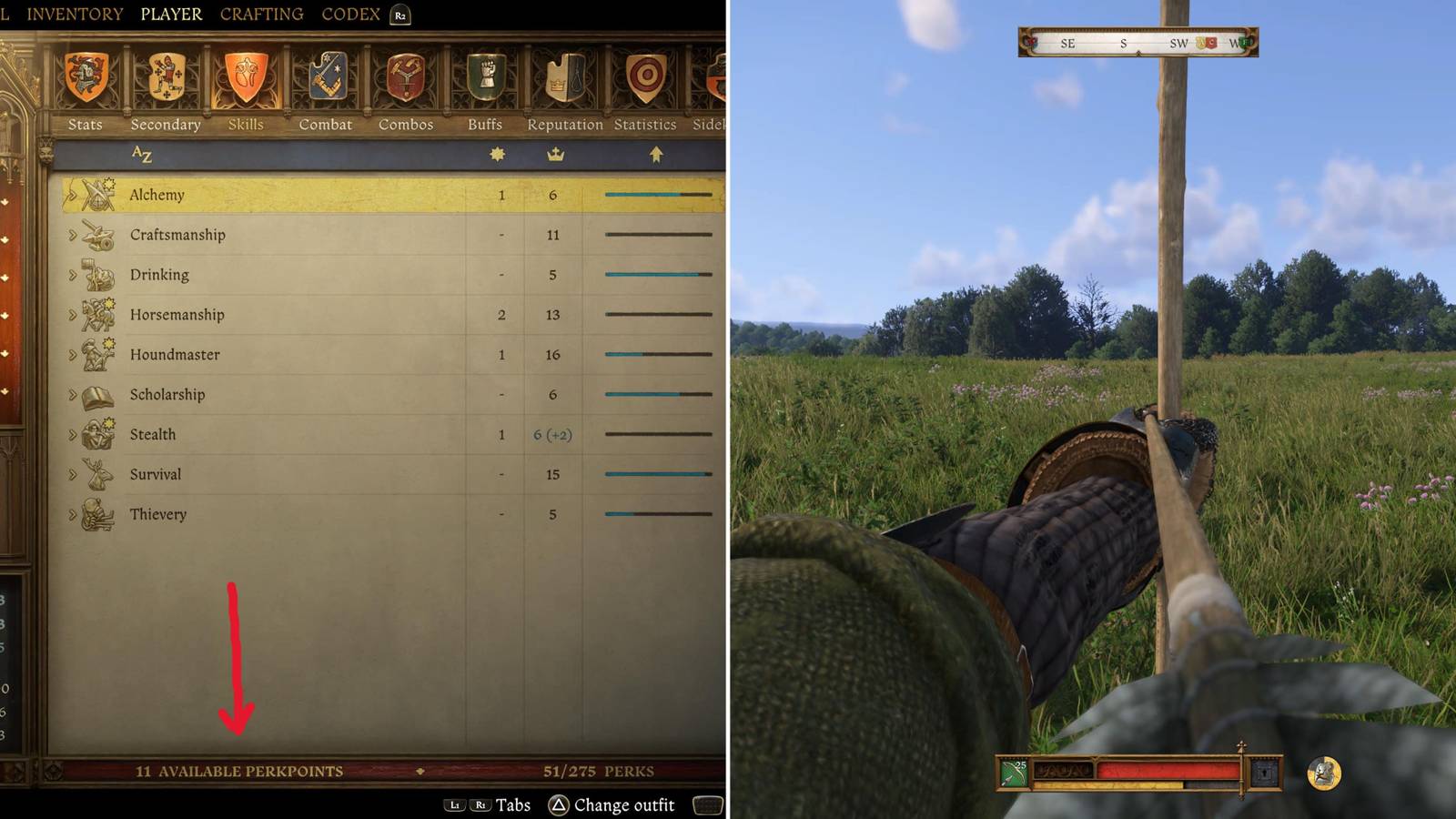 The Number Of Perkpoints In The Menu & The Player Aiming A Bow 