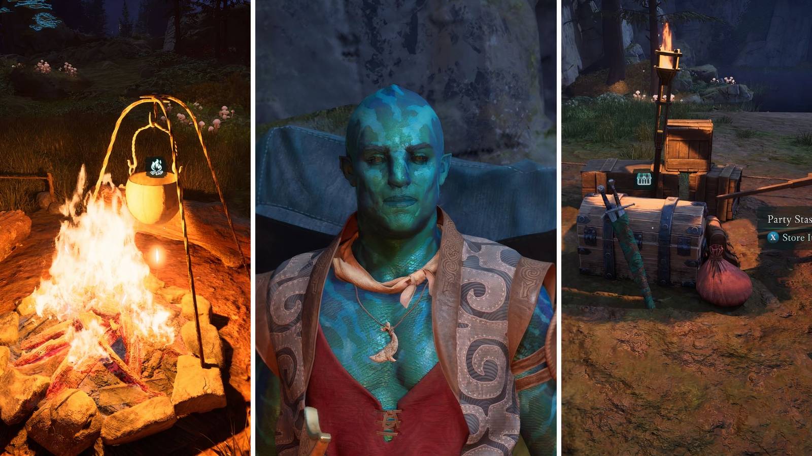 A grid of things in Avowed including a campfire, Kai, and the Party Stash