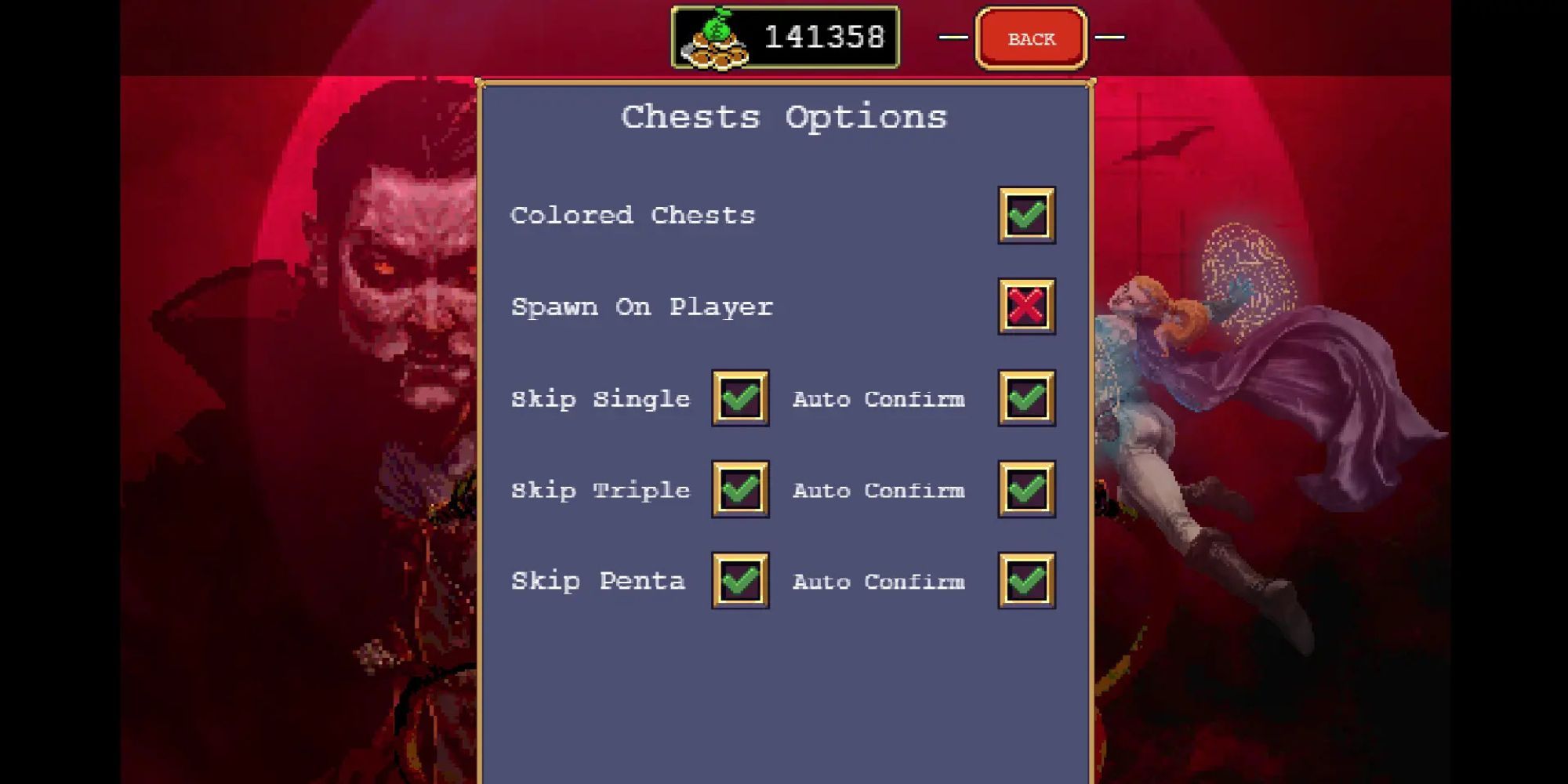 Chest options in the Multipurpose QoL mod in Vampire Survivors