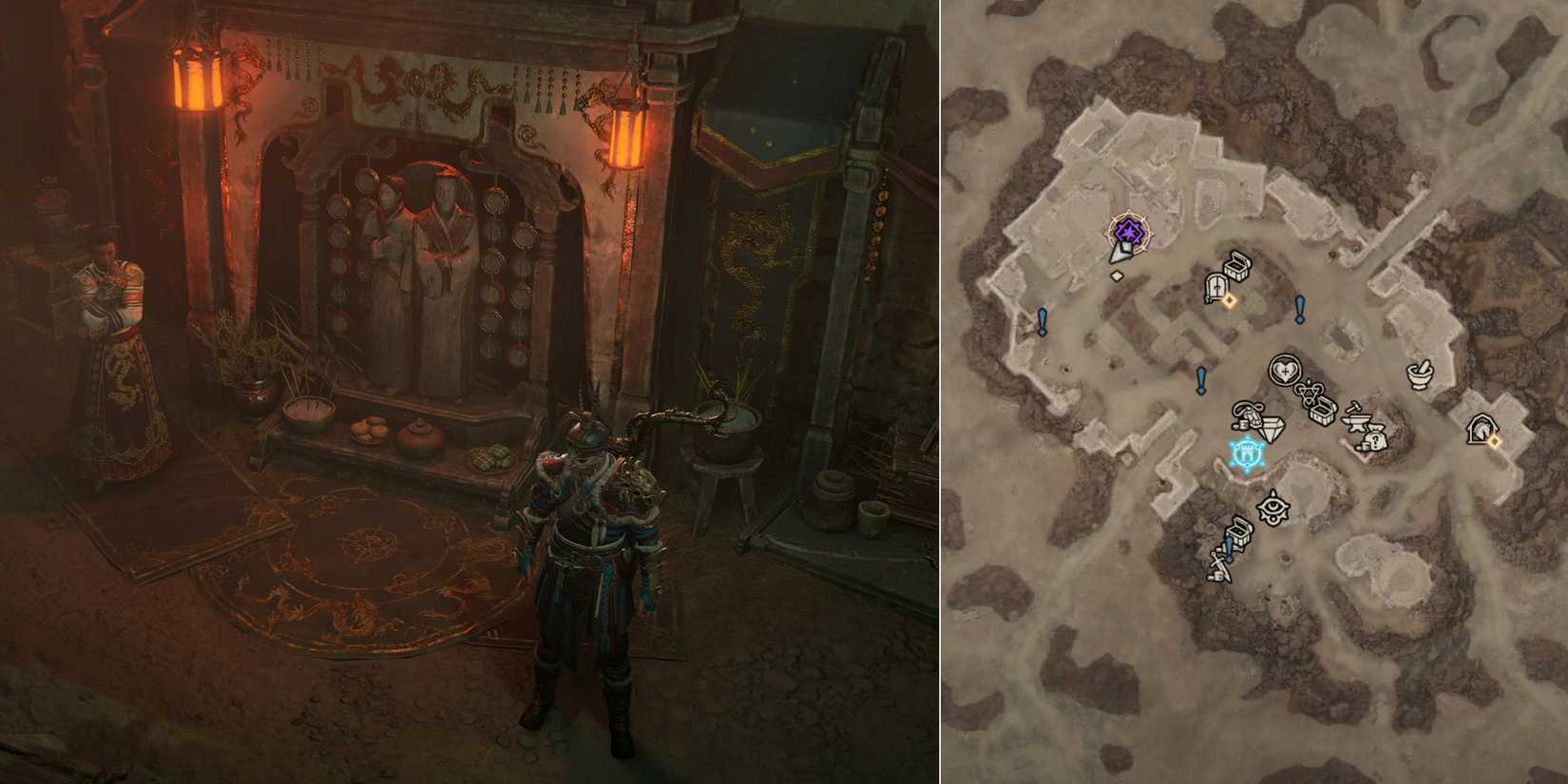 the location of the quest NPC for Lunar awakening in Ked Bardu on a map, alongside a screenshot of the NPC in Diablo 4
