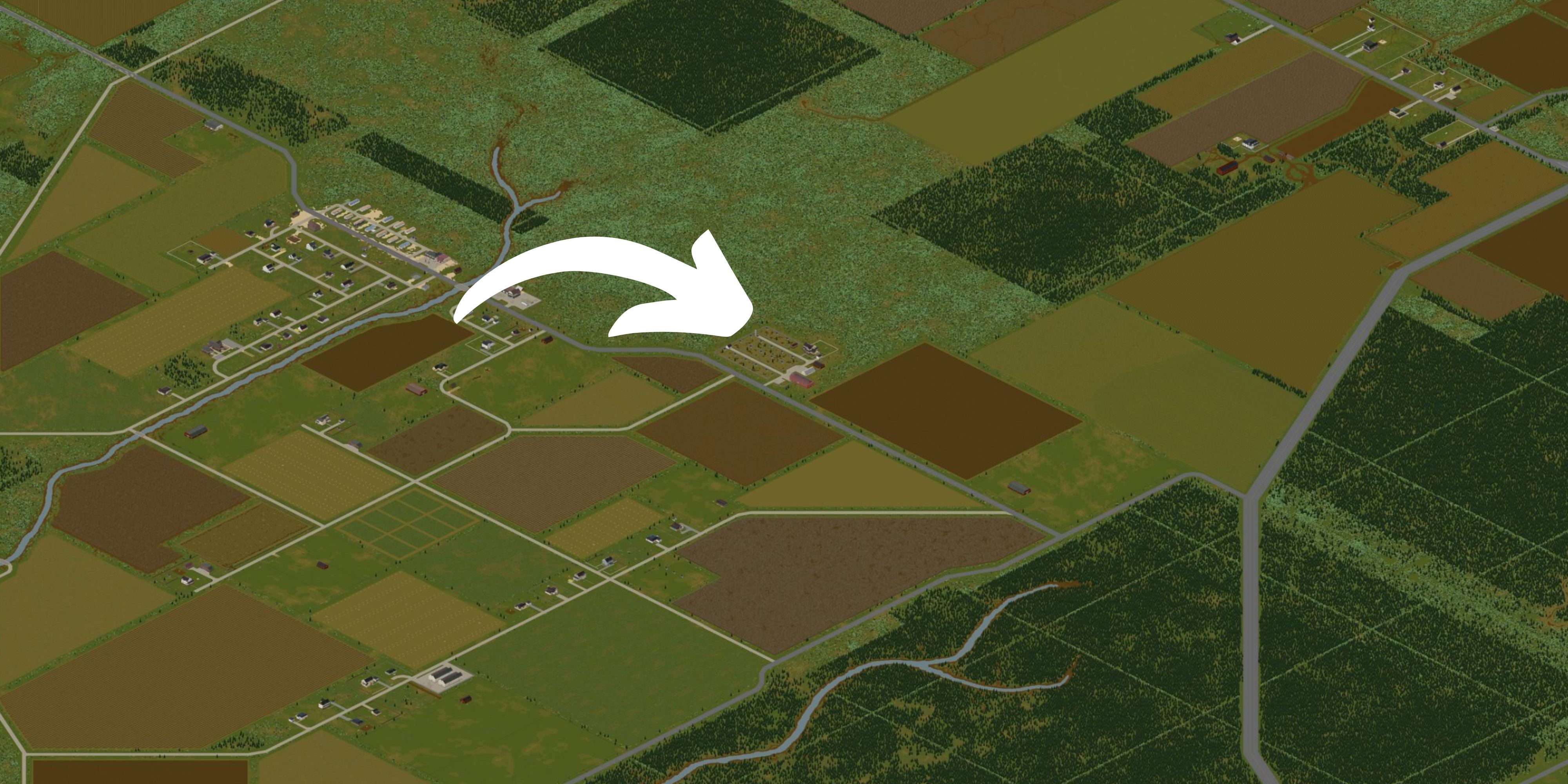 Map of Northwestern Echo Creek, with an arrow pointing at the livestock farm