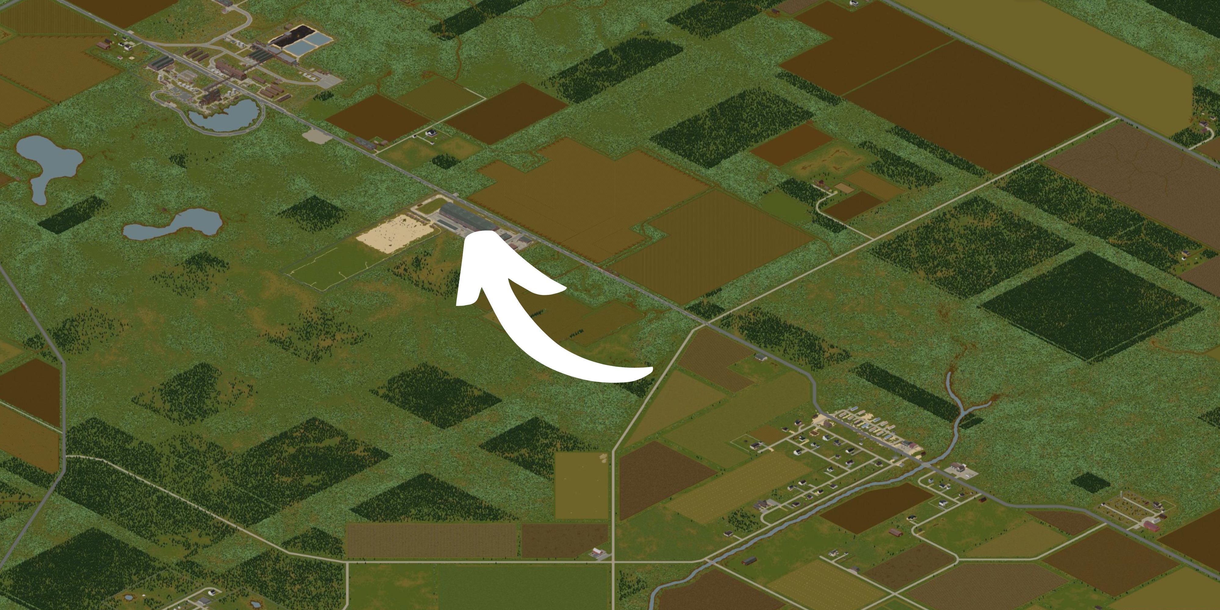 the guns unlimited store highlighted with a white arrow on a zoomed out image of the Echo Creek area.