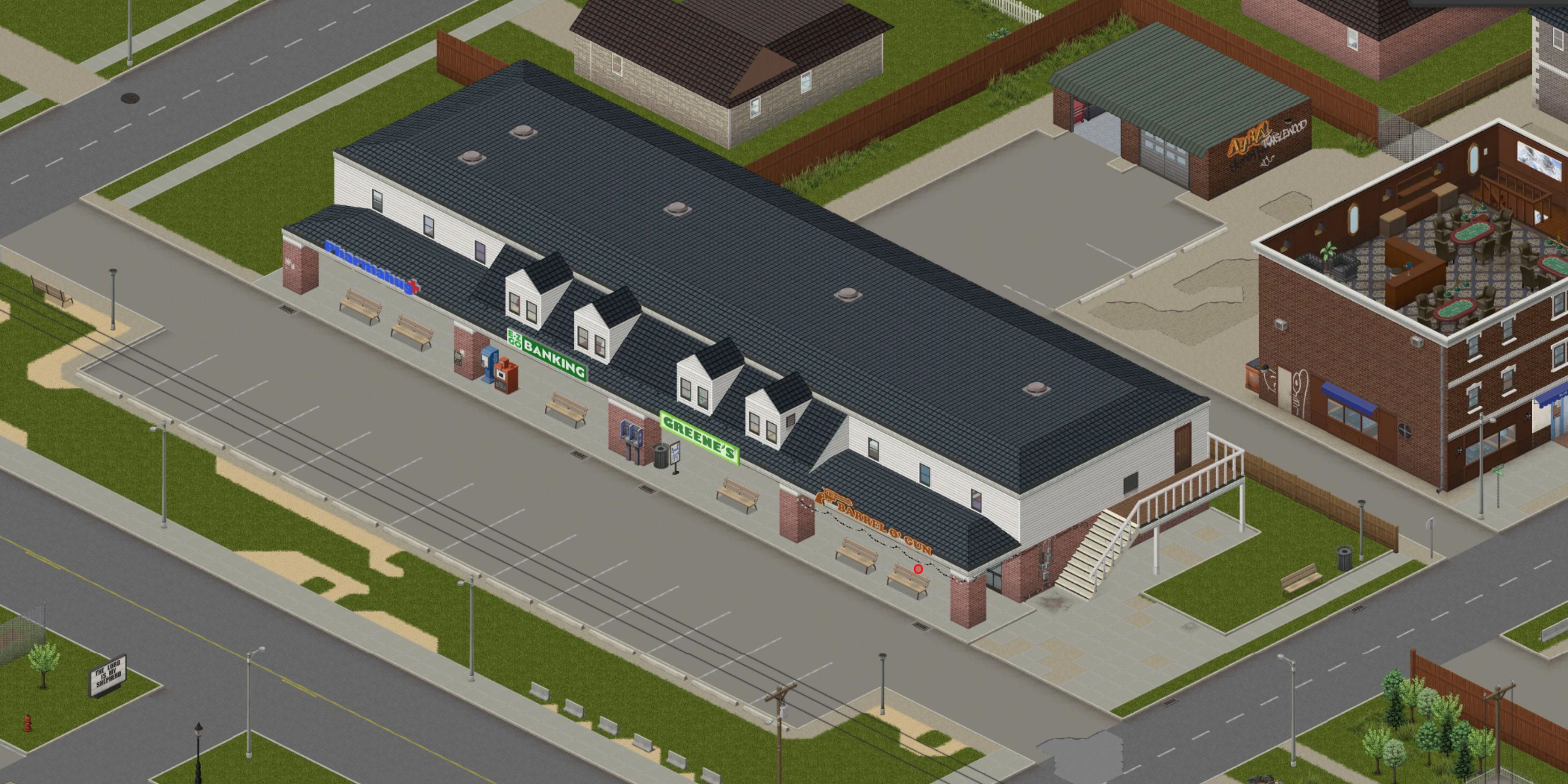 a close up of the strip mall in which Barrel O'Gun is located