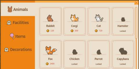 the shop page where player can purchase new animals for their pasture