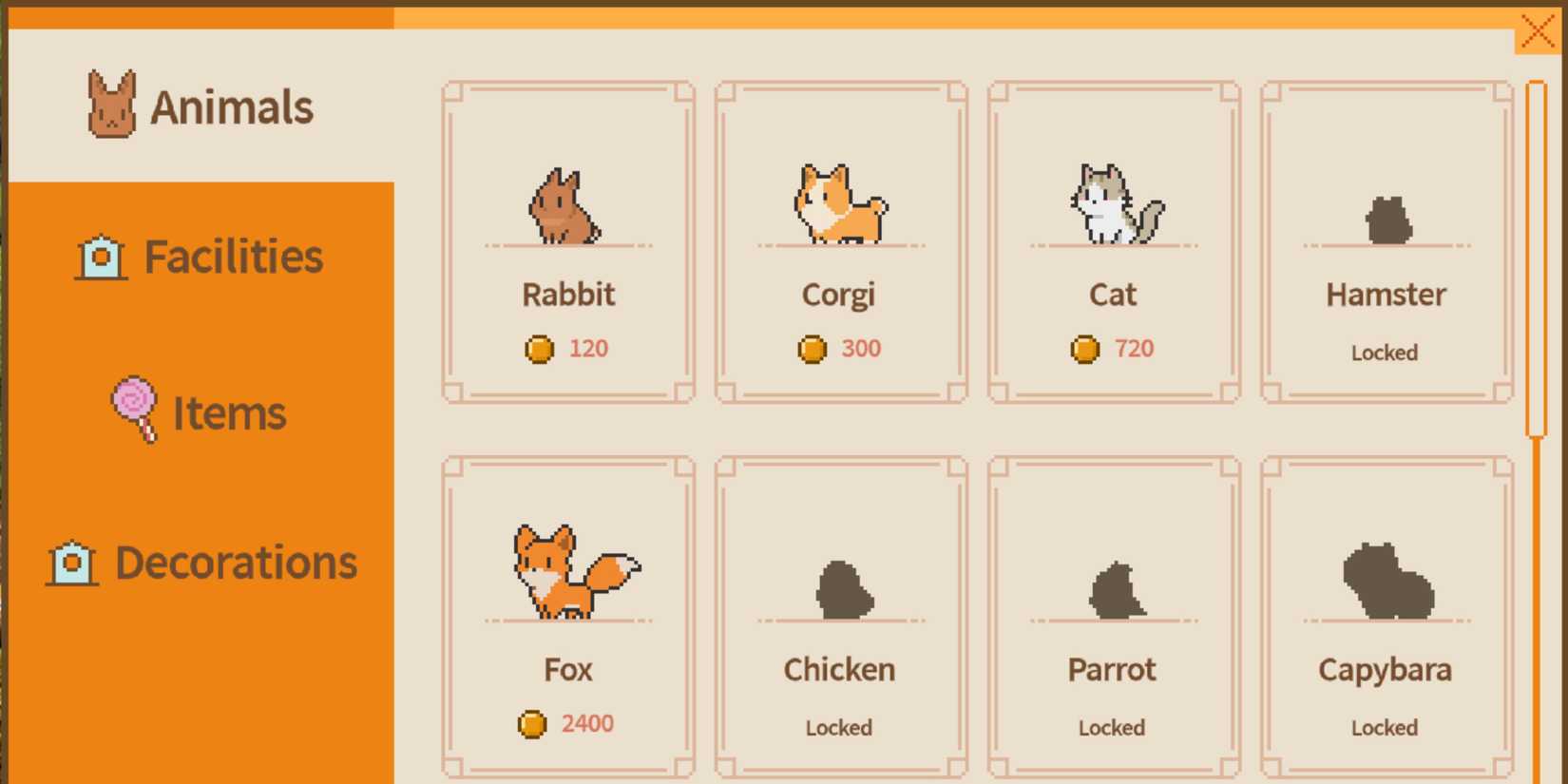 the shop page where player can purchase new animals for their pasture