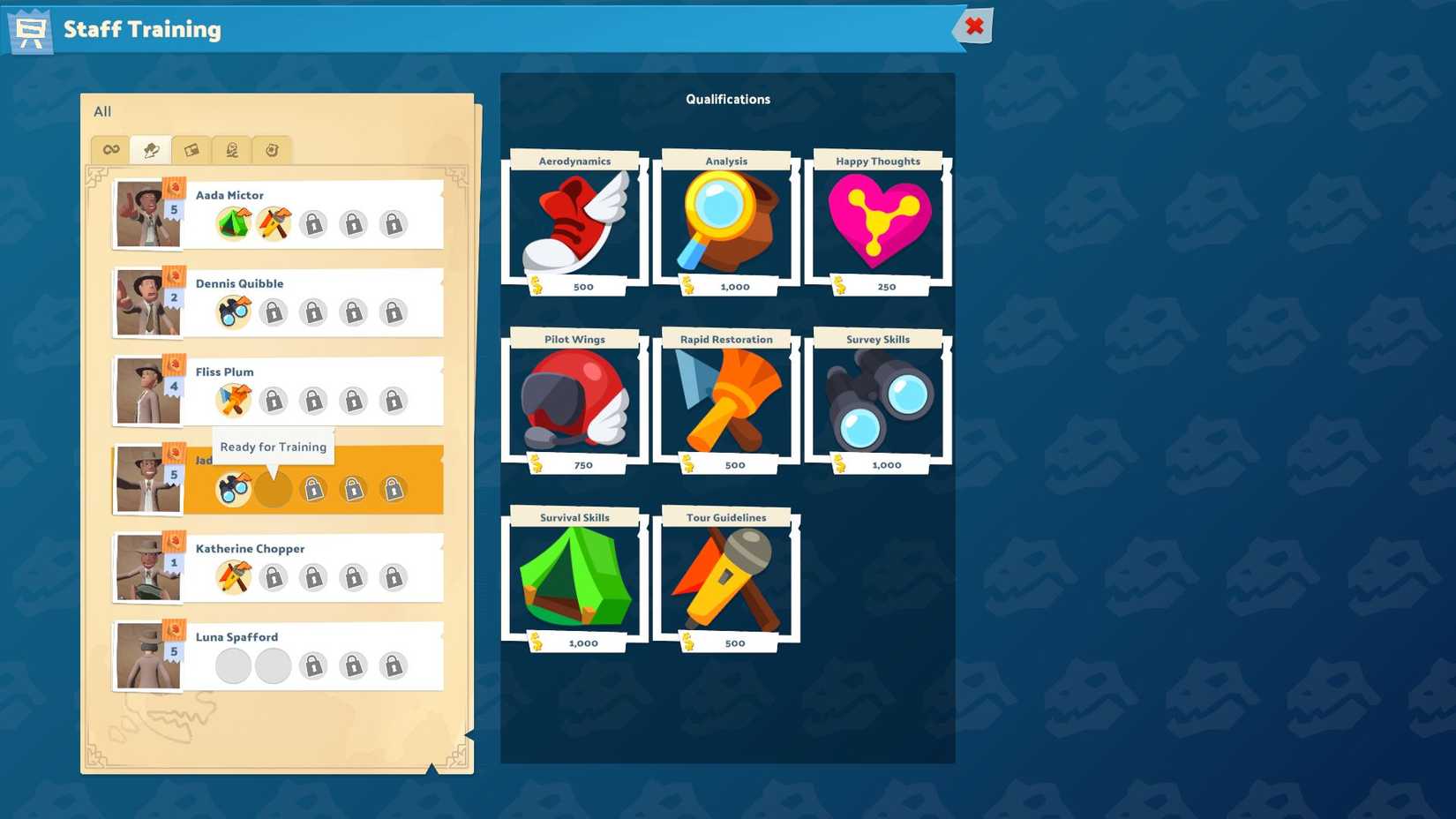 Training options in Two Point Museum