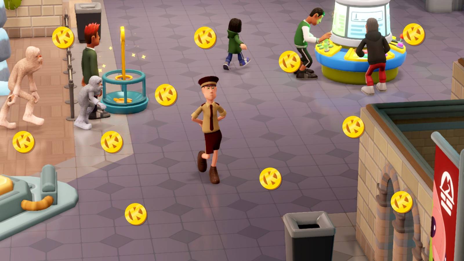 A security guard in Two Point Museum surrounded by Kudosh symbols