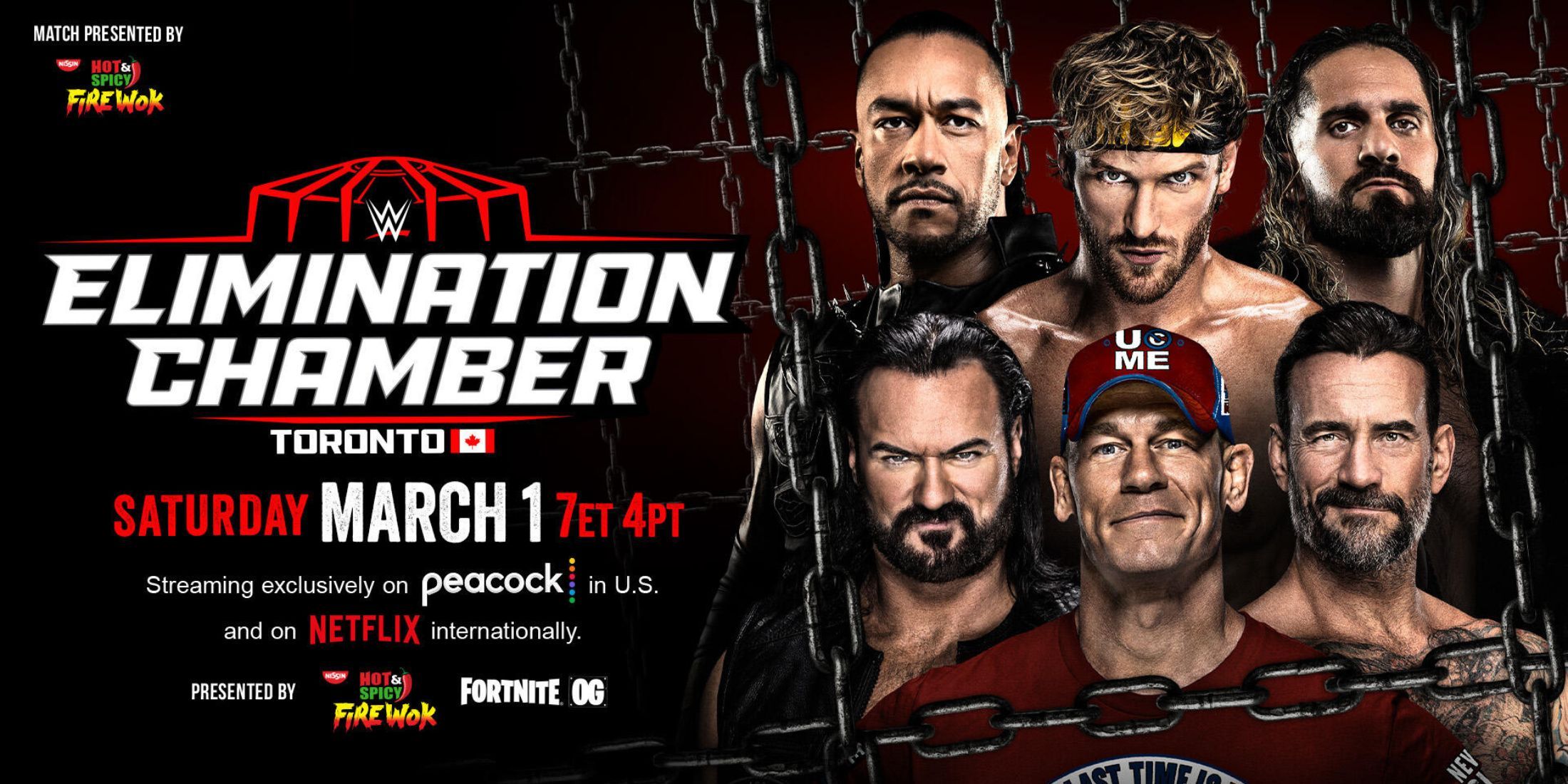 A promotional poster for WWE Elimination Chamber 2025, featuring John Cena, Drew McIntyre, and CM Punk