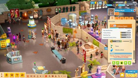 A staff profile in Two Point Museum, showing pay satisfaction