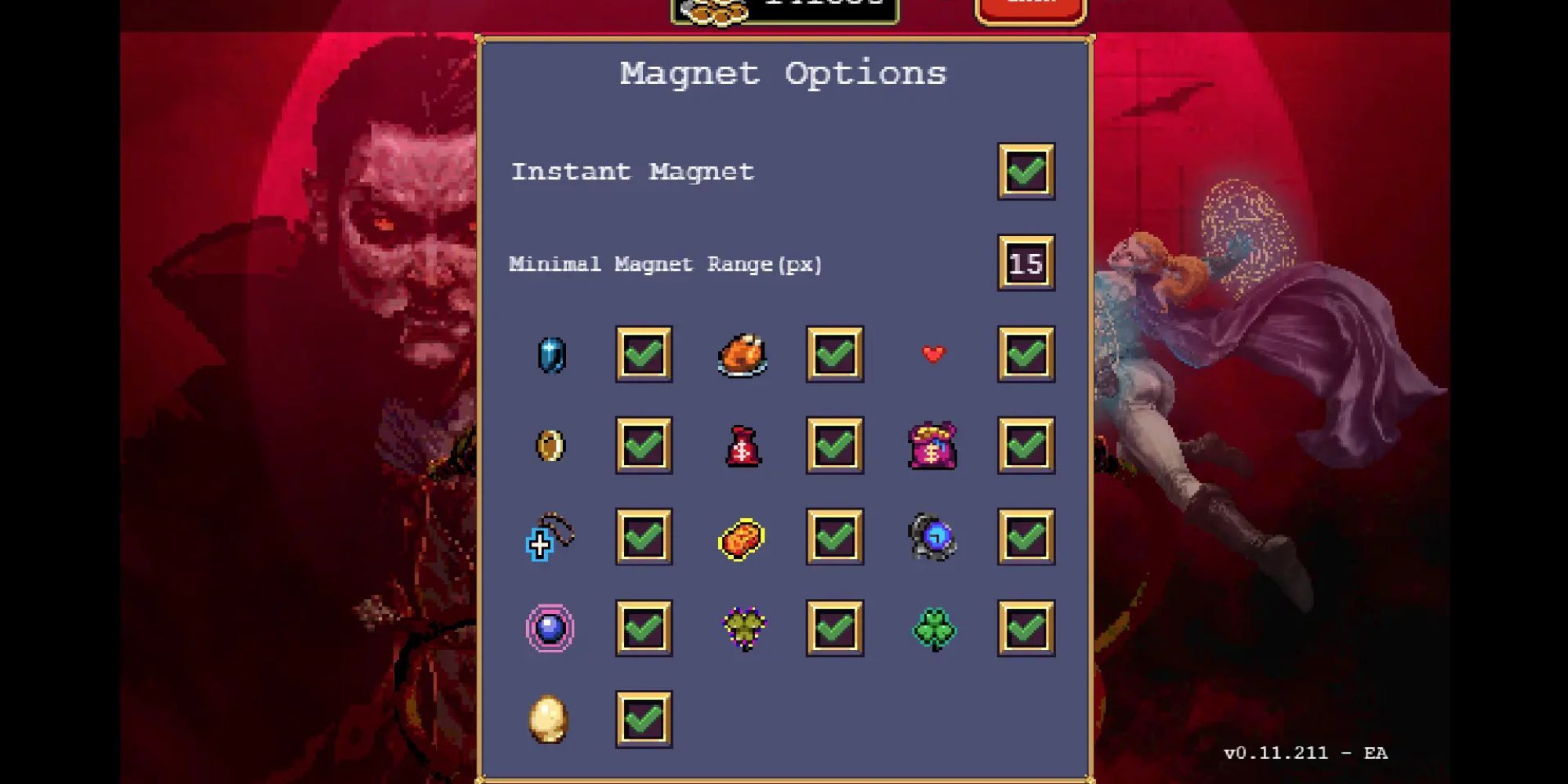 Magnet options in Multipurpose QoL mod in Vampire Survivors