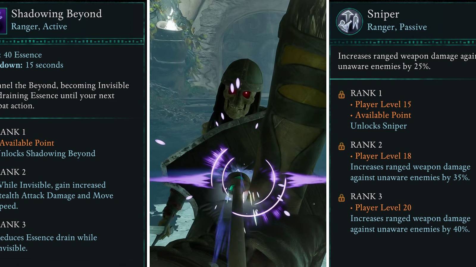 A grid showing two Ranger skills and a skeleton about to be hit with an arrow in Avowed