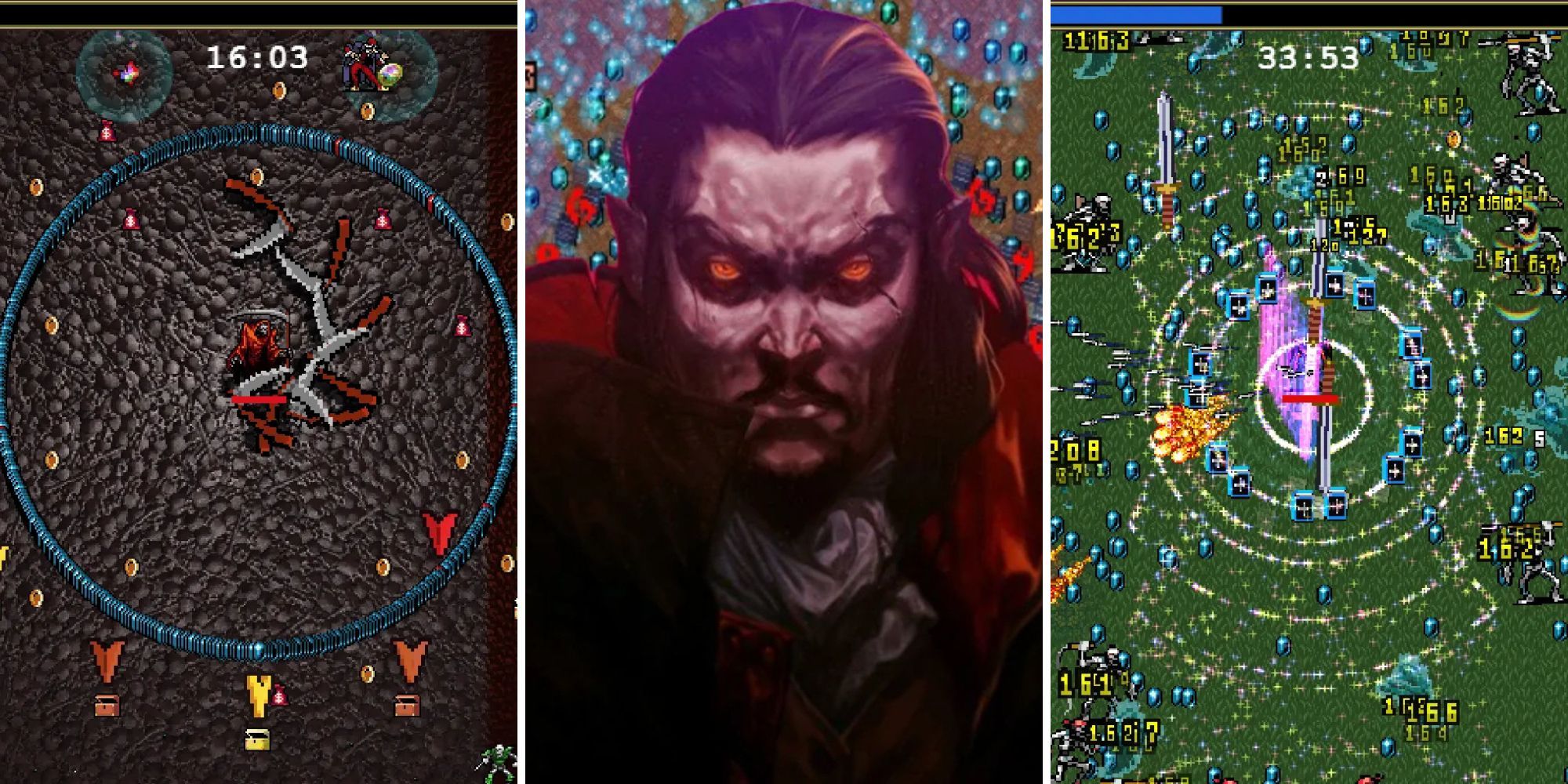 A grid showing Vampire Survivors and its mods in action