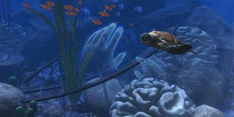 A player holding their hand up to a sea turtle in Ocean Rift