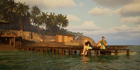 Two people sitting on a pier in Drug Dealer Simulator 2
