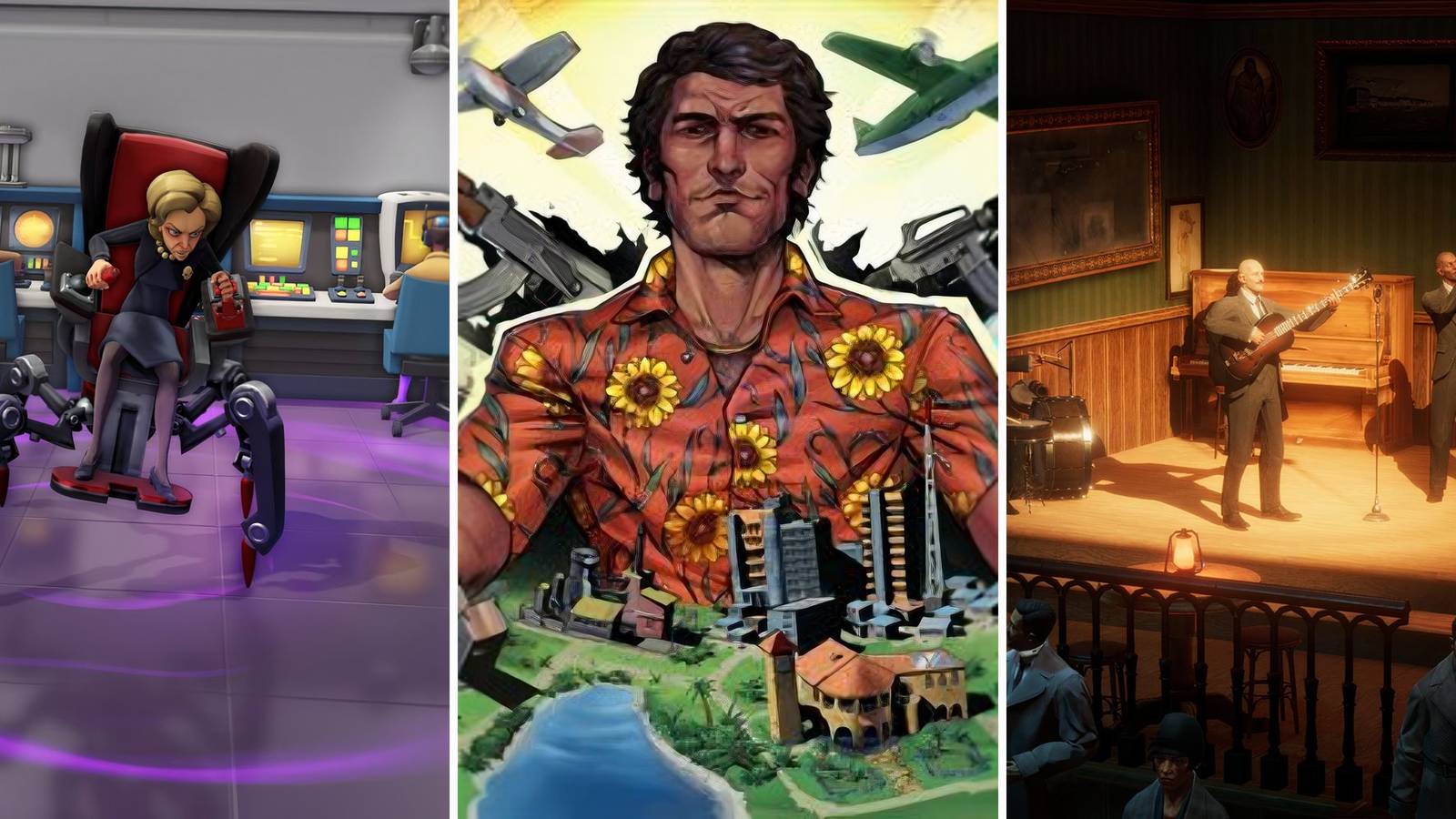 A grid showing the games Evil Genius 2: World Domination, Cartel Tycoon, and Empire of Sin