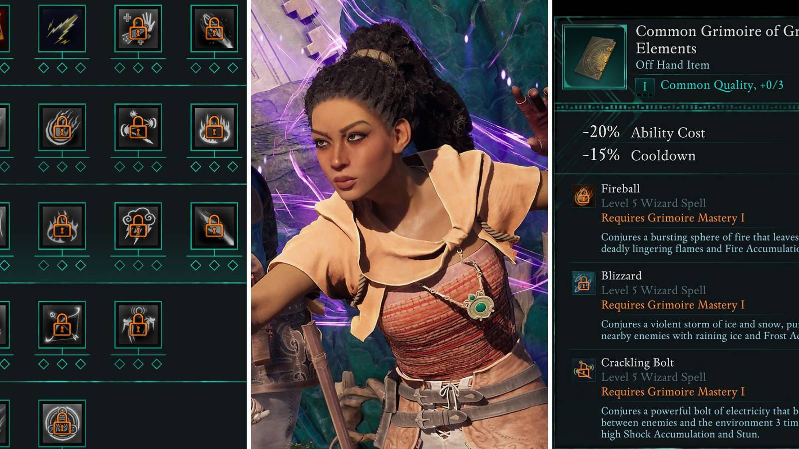 A grid showing a wizard and their spells in Avowed