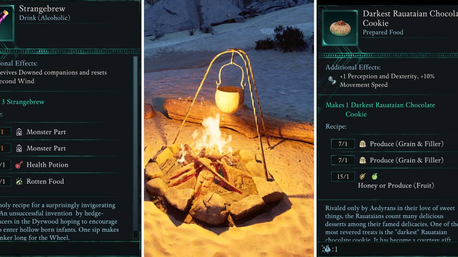 A grid showing the campfire and two recipes in Avowed