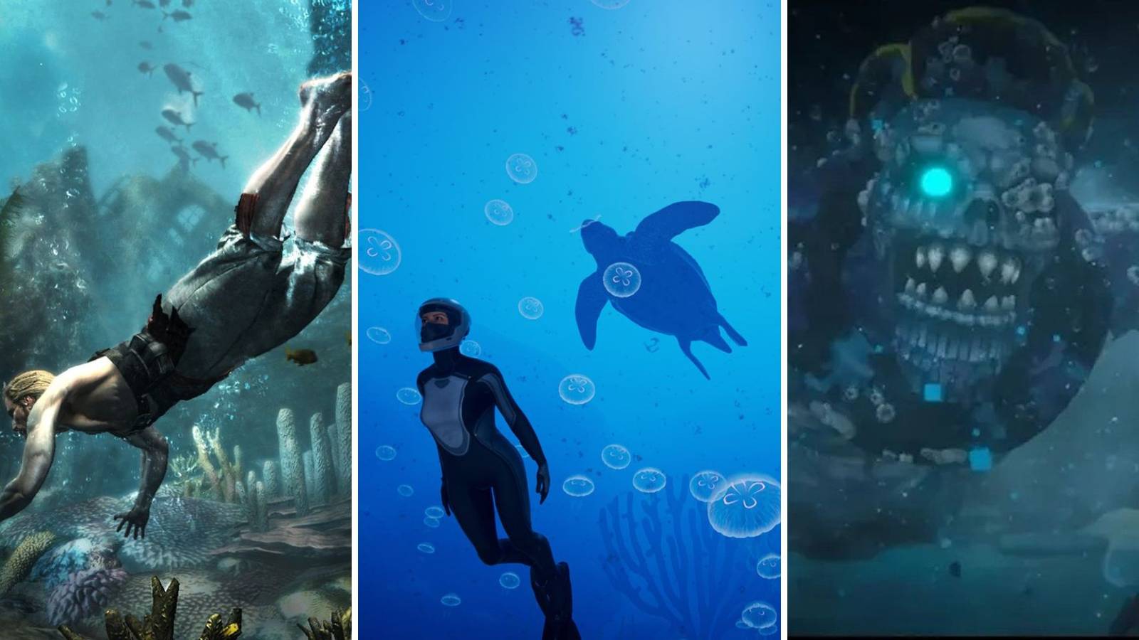 A grid showing the underwater aspects of the games Assassin's Creed 4 Black Flag, Beyond Blue, and Dave the Diver