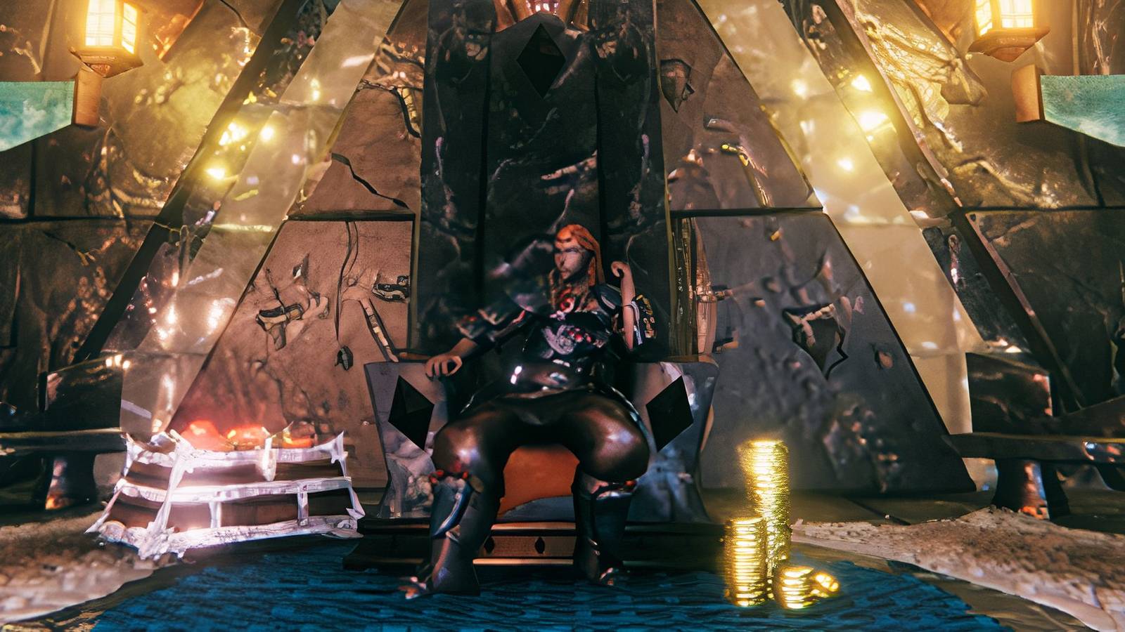 Valheim Official Screenshot Player Sitting on Throne with Gold and Loot Chest