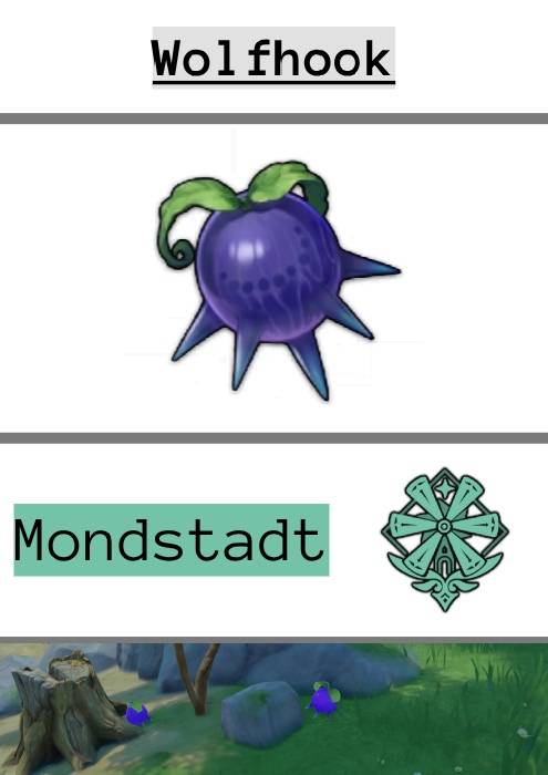 an infographic of wolfhooks. The icon for them is pictured alongside mondstadt's emblem and some wolfhooks in the wild. 