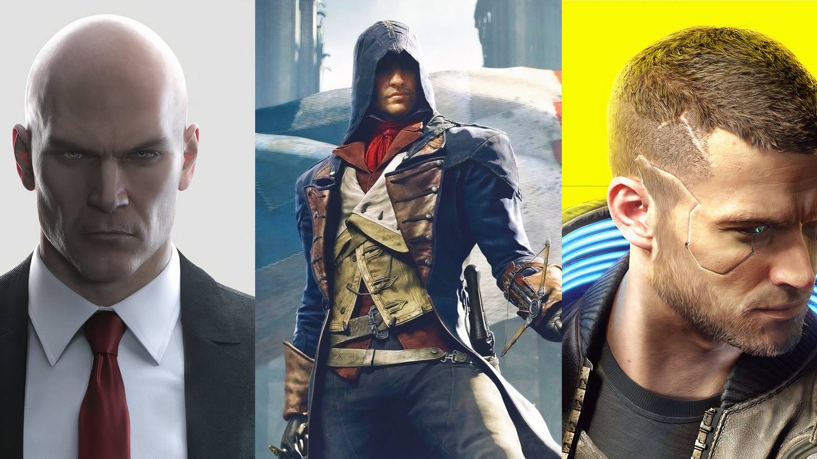 Feature image depicting Hitman, Assassin's Creed Unity, and Cyberpunk 2077