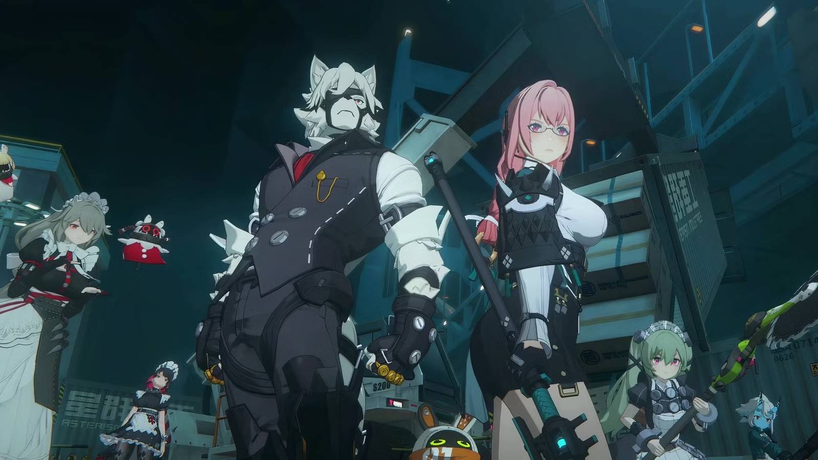 An image from Zenless Zone Zero showing the members of the Victoria Housekeeping and Section 6 factions.