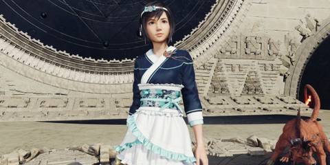 An image of Yuffie with the retexture Gold Saucer dress mod in Final Fantasy 7 Rebirth