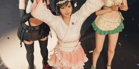 An image of Yuffie with the retexture Gold Saucer dress mod in Final Fantasy 7 Rebirth