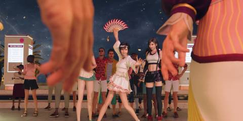 An image of Yuffie with the retexture Gold Saucer dress mod in Final Fantasy 7 Rebirth