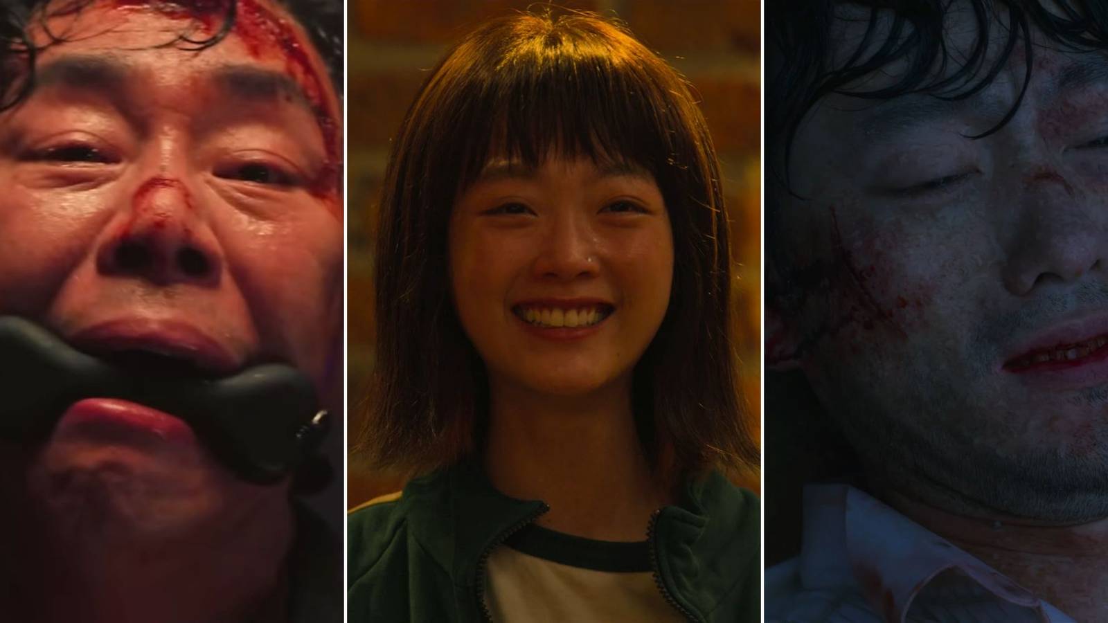 A collage of three noteworthy sacrifices in Squid Game: Mr. Kim's, Ji-yeong's and Sang-woo's.