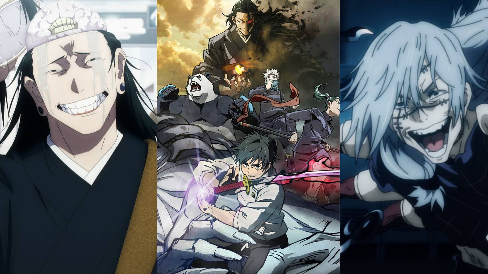 A collage of three Jujutsu Kaisen arcs with great stories: The Shibuya Incident Arc, the Cursed Child Arc and the Vs. Mahito Arc.