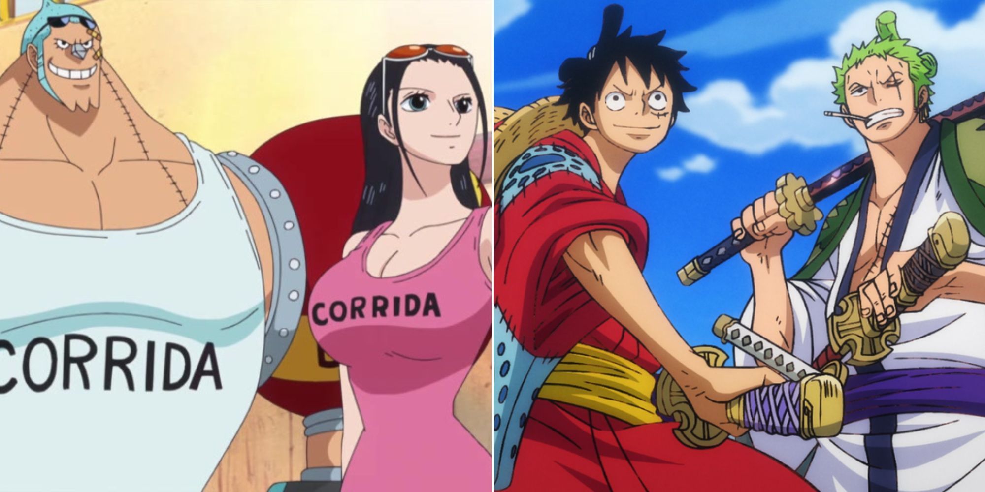 A collage of two beloved friendships in One Piece: Franky and Robin, and Zoro and Luffy.