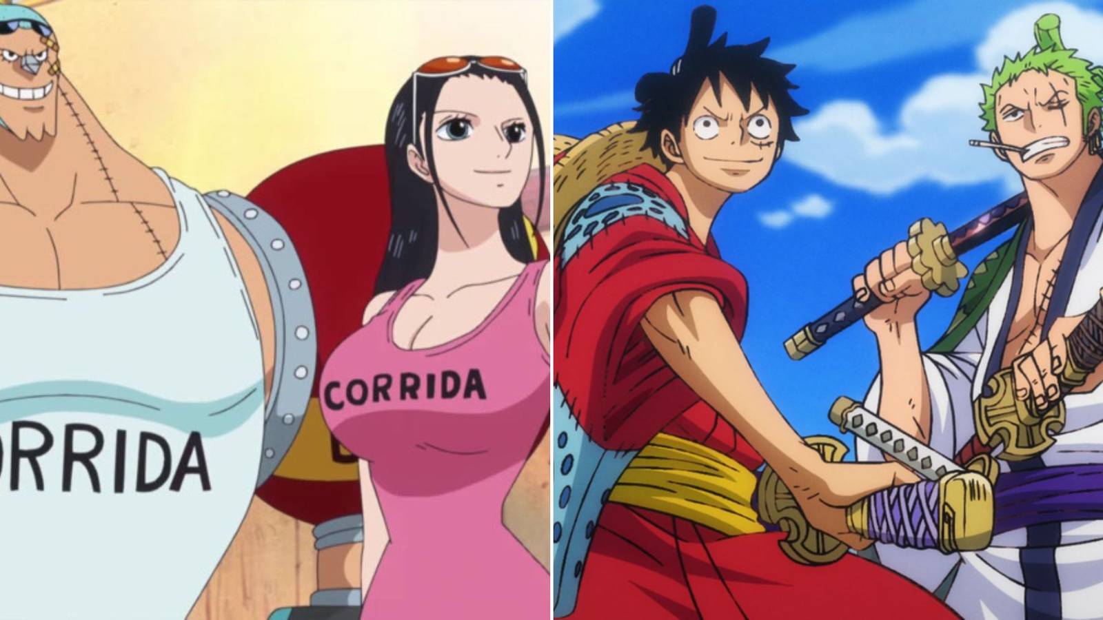 A collage of two beloved friendships in One Piece: Franky and Robin, and Zoro and Luffy.