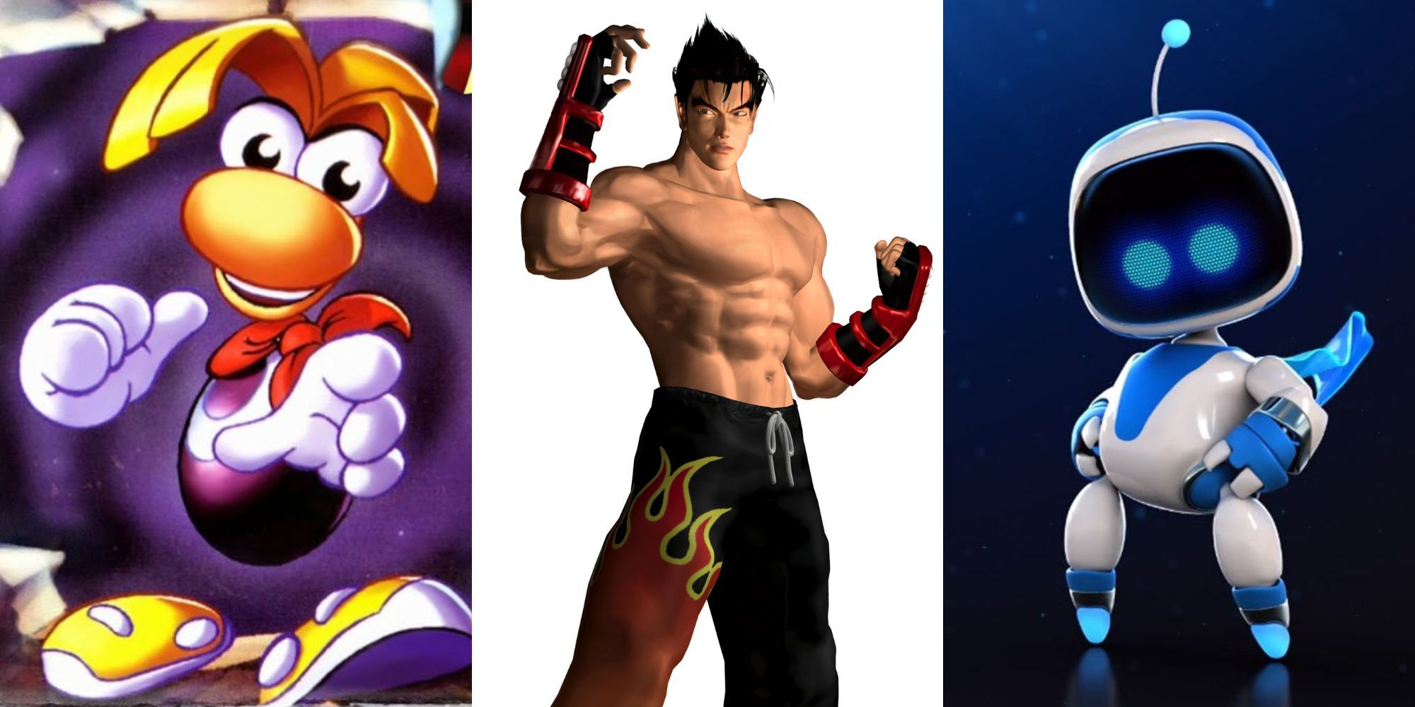 A collage of 3 high-quality PlayStation launch games: Rayman 1, Tekken Tag Tournament and Astro's Playroom.