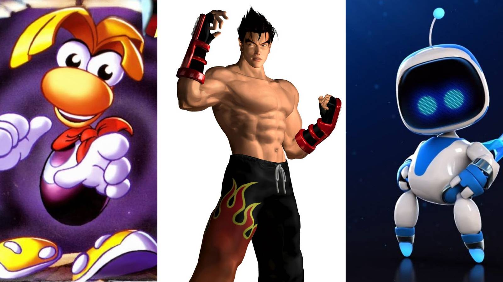 A collage of 3 high-quality PlayStation launch games: Rayman 1, Tekken Tag Tournament and Astro's Playroom.