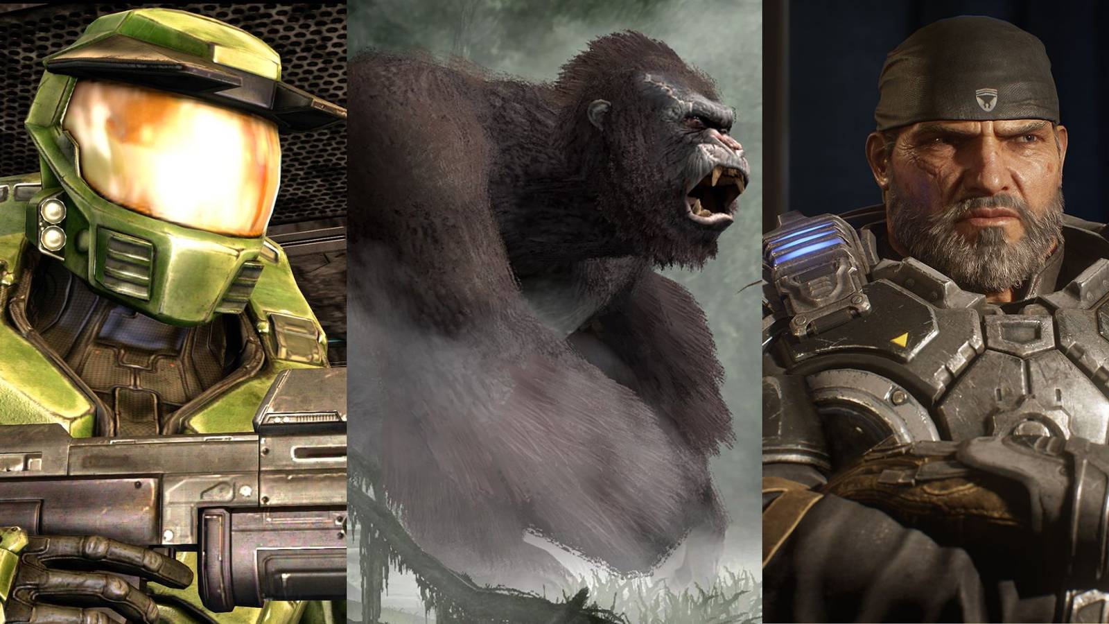 A collage of three Xbox launch titles: Halo: Combat Evolved, Peter Jackson's King Kong: The Game and Gears of War 5.