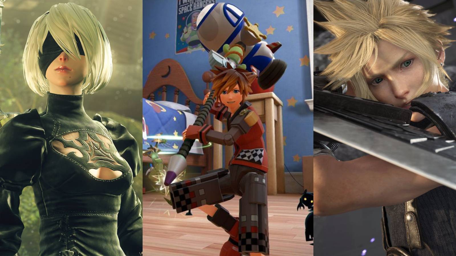 A collage of three great sequel games made by Square Enix: NieR: Automata, Kingdom Hearts 3 and Final Fantasy 7 Rebirth.