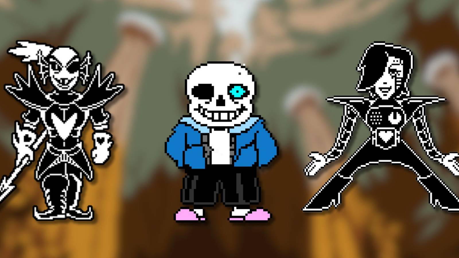 A collage of three of the hardest bosses in Undertale: Undyne the Undying, Sans and Mettaton EX.