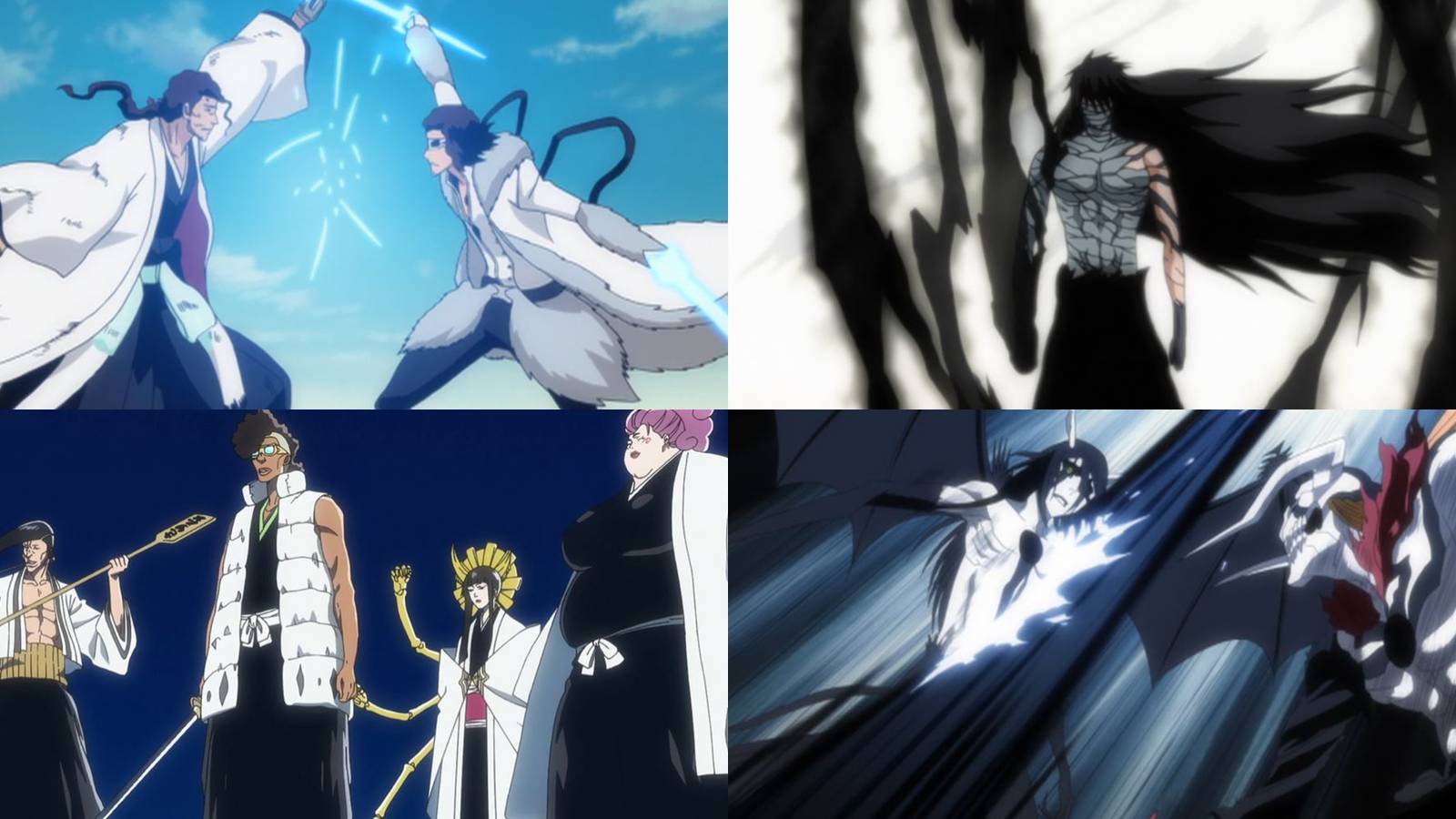 A collage of four of the longest fights in Bleach: Shunsui Kyoraku vs. Coyote Starrk, Ichigo Kurosaki vs. Sosuke Aizen, the Royal Guards vs. the Schutzstaffel and Ichigo Kurosaki vs. Ulquiorra Cifer. 