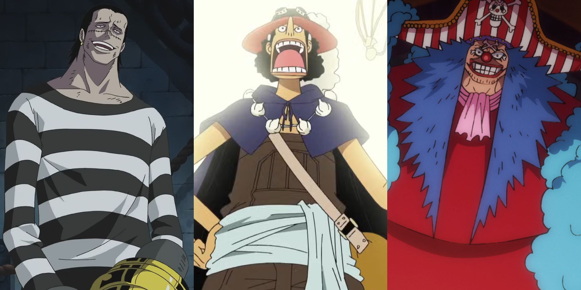 A collage of three lucky One Piece characters: Crocodile, Usopp and Buggy.