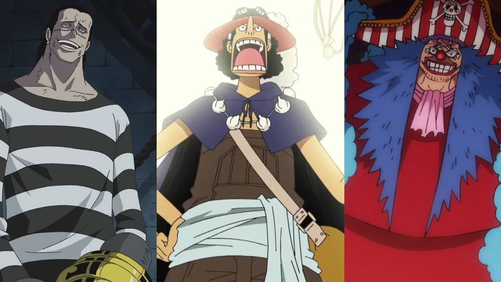 A collage of three lucky One Piece characters: Crocodile, Usopp and Buggy.