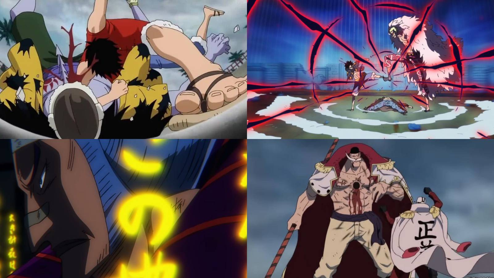 A collage of four satisfying fights in One Piece: Luffy vs. Arlong, Luffy vs. Doflamingo, Denjiro vs. Orochi and Whitebeard vs. Akainu.